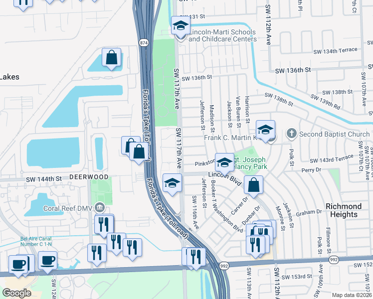 map of restaurants, bars, coffee shops, grocery stores, and more near 11610 Southwest 142nd Street in Miami