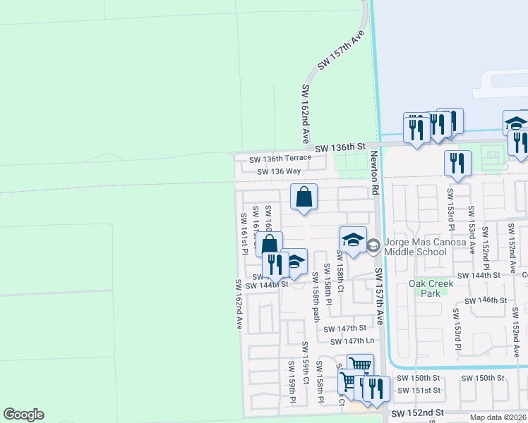 map of restaurants, bars, coffee shops, grocery stores, and more near 13969 Southwest 160th Court in Miami