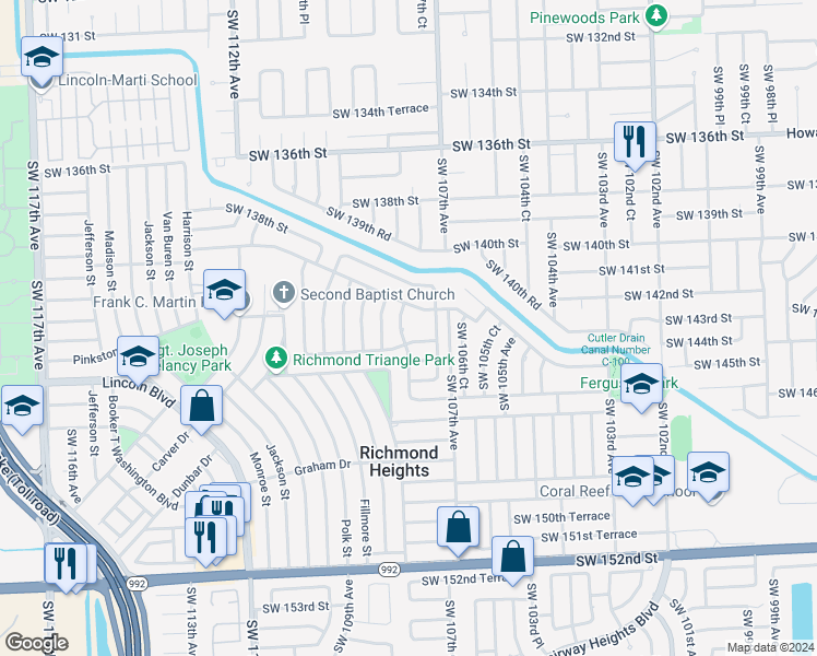 map of restaurants, bars, coffee shops, grocery stores, and more near 14323 SW 107th Pl in Miami
