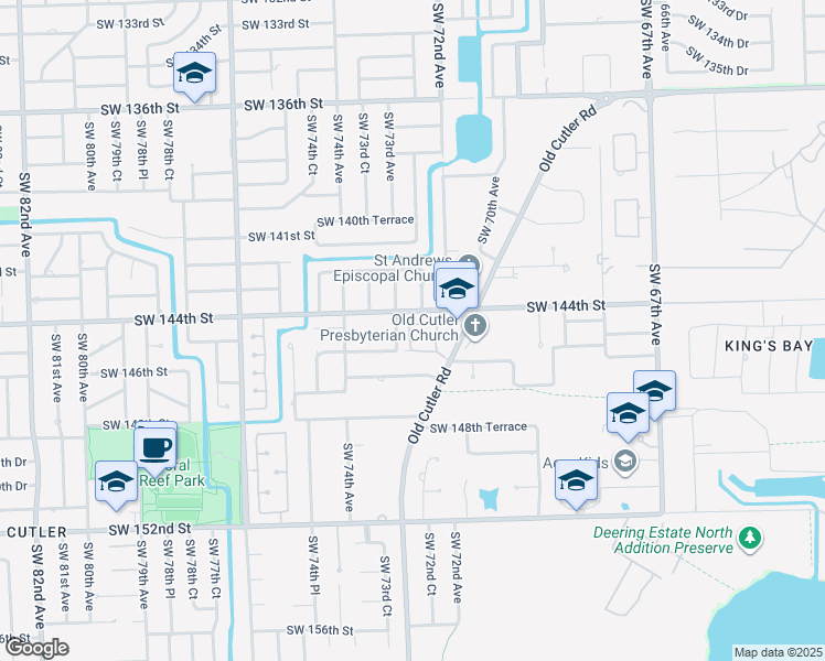 map of restaurants, bars, coffee shops, grocery stores, and more near 14420 Southwest 73rd Avenue in Palmetto Bay