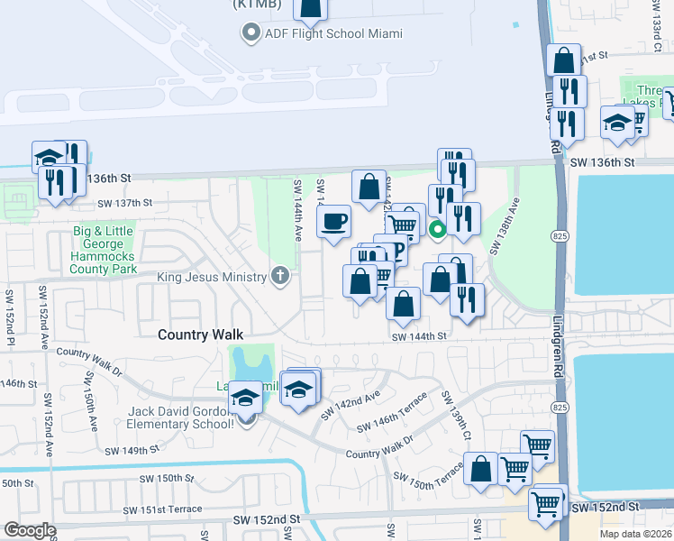 map of restaurants, bars, coffee shops, grocery stores, and more near 14055 Southwest 143rd Court in Miami