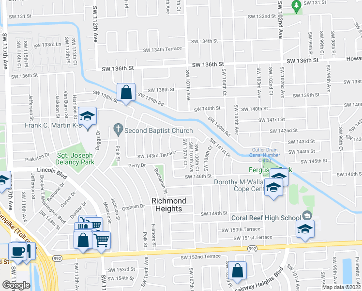 map of restaurants, bars, coffee shops, grocery stores, and more near 14325 Southwest 107th Court in Miami