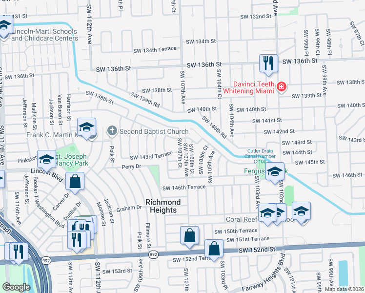 map of restaurants, bars, coffee shops, grocery stores, and more near 14325 Southwest 107th Court in Miami