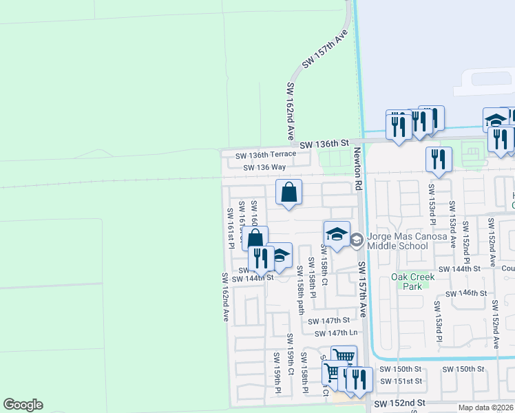map of restaurants, bars, coffee shops, grocery stores, and more near 13969 SW 160th Ct in Miami