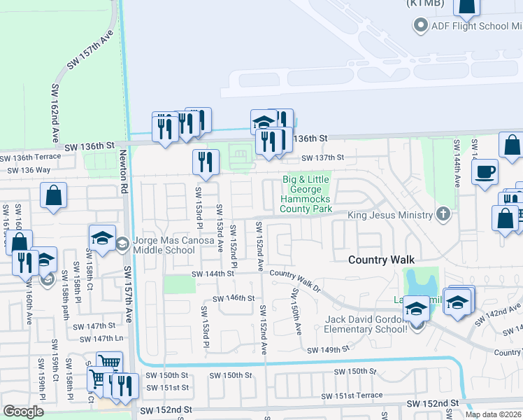 map of restaurants, bars, coffee shops, grocery stores, and more near 14036 Southwest 151st Court in Miami