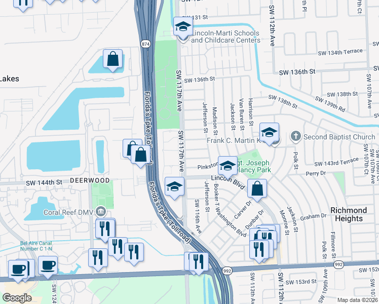 map of restaurants, bars, coffee shops, grocery stores, and more near 11610 Southwest 142nd Street in Miami