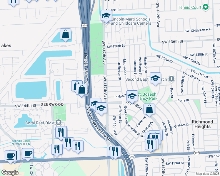 map of restaurants, bars, coffee shops, grocery stores, and more near 11610 Southwest 142nd Street in Miami