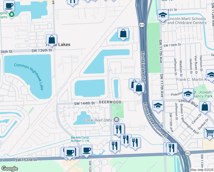map of restaurants, bars, coffee shops, grocery stores, and more near 14230 Southwest 122nd Court in Miami