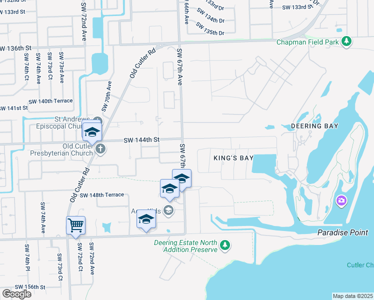 map of restaurants, bars, coffee shops, grocery stores, and more near 14501 Southwest 67th Avenue in Palmetto Bay