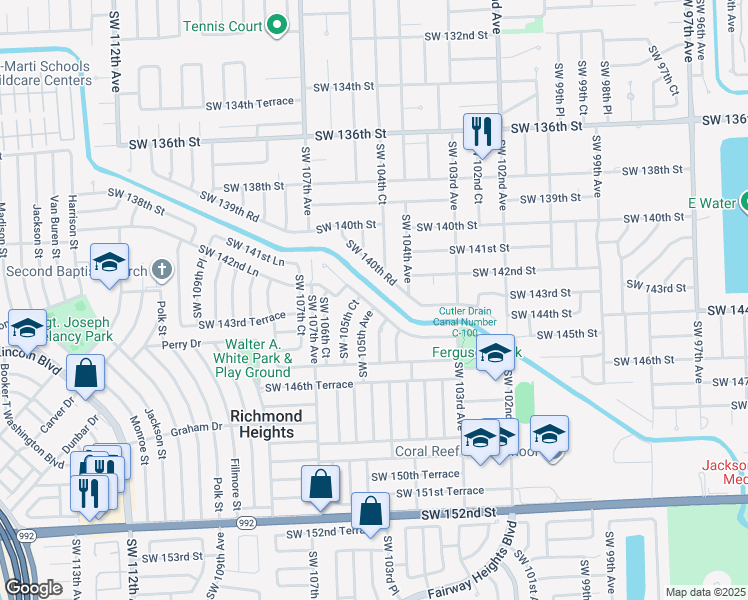 map of restaurants, bars, coffee shops, grocery stores, and more near 10501 Southwest 141st Drive in Miami
