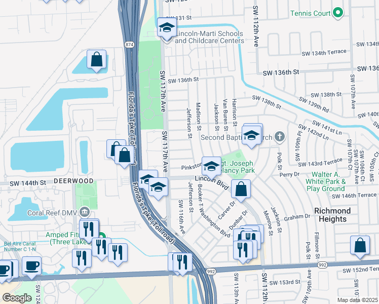 map of restaurants, bars, coffee shops, grocery stores, and more near 11500 Southwest 142nd Street in Miami