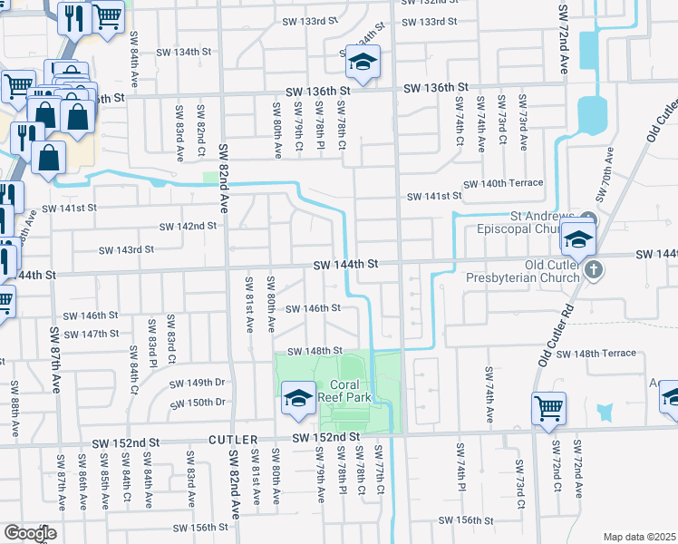 map of restaurants, bars, coffee shops, grocery stores, and more near 7800 Southwest 144th Street in Palmetto Bay