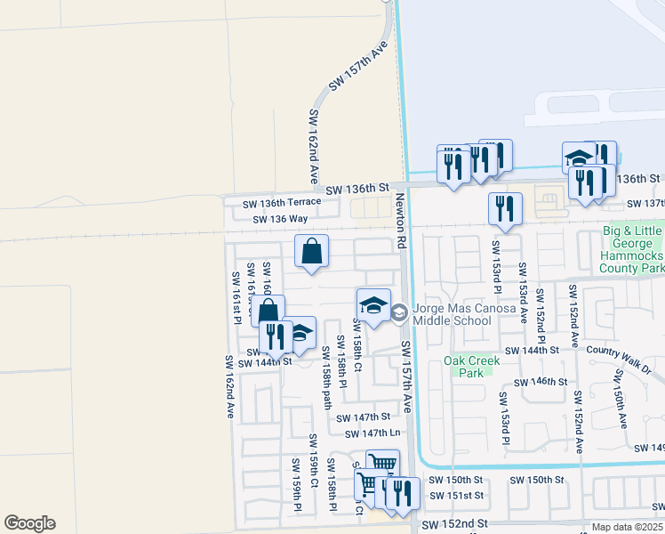 map of restaurants, bars, coffee shops, grocery stores, and more near 15877 SW 140th St in Miami