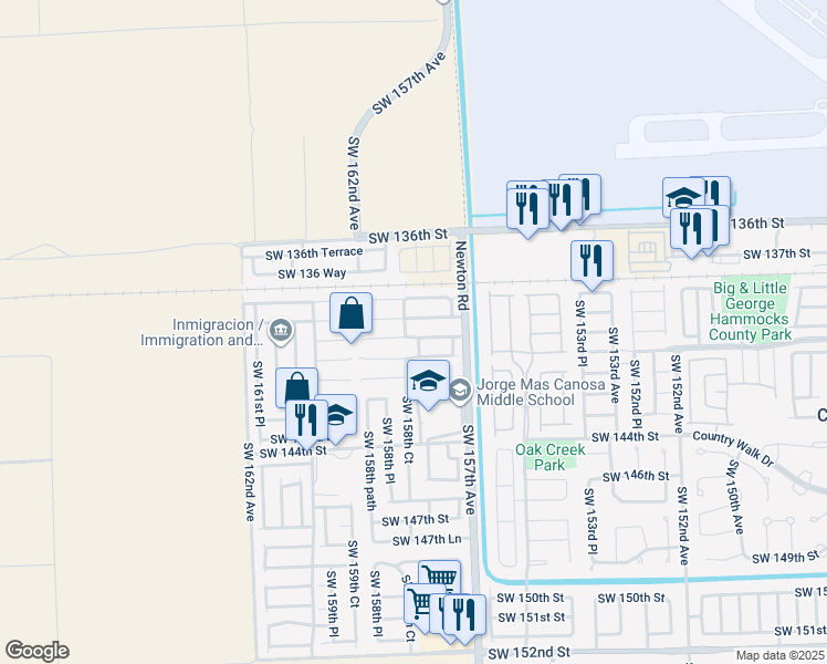 map of restaurants, bars, coffee shops, grocery stores, and more near 15805 Southwest 140th Street in Miami