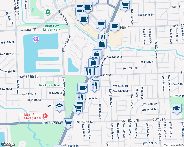 map of restaurants, bars, coffee shops, grocery stores, and more near 14395 South Dixie Highway in Palmetto Bay