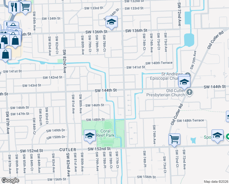 map of restaurants, bars, coffee shops, grocery stores, and more near 7770 Southwest 144th Street in Palmetto Bay