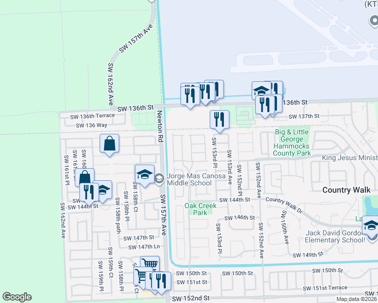 map of restaurants, bars, coffee shops, grocery stores, and more near 13990 Southwest 154th Place in Miami