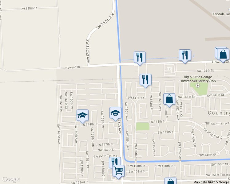 map of restaurants, bars, coffee shops, grocery stores, and more near 15721 Southwest 140th Street in Miami