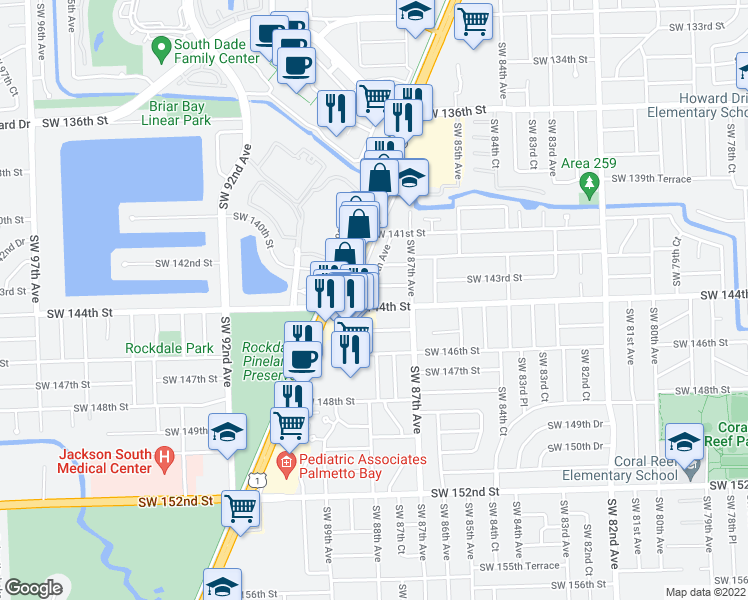 map of restaurants, bars, coffee shops, grocery stores, and more near 8785 Southwest 144th Street in Palmetto Bay
