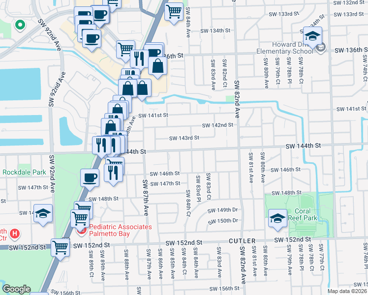 map of restaurants, bars, coffee shops, grocery stores, and more near 14400 Southwest 84th Court in Palmetto Bay