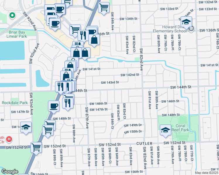 map of restaurants, bars, coffee shops, grocery stores, and more near 14400 Southwest 84th Court in Palmetto Bay