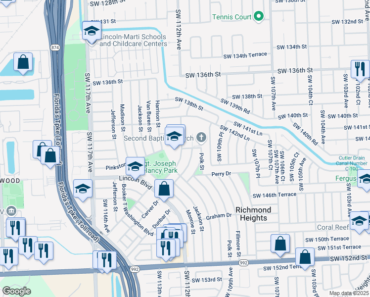 map of restaurants, bars, coffee shops, grocery stores, and more near 14201 Boggs Drive in Miami