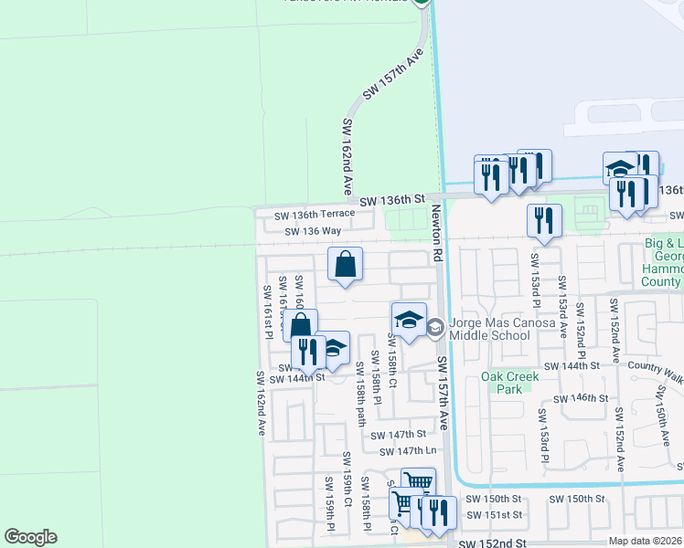 map of restaurants, bars, coffee shops, grocery stores, and more near 15945 Southwest 140th Street in Miami