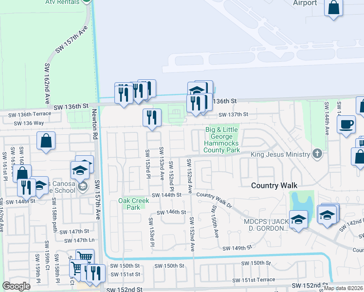 map of restaurants, bars, coffee shops, grocery stores, and more near 15254 Southwest 140th Street in Miami