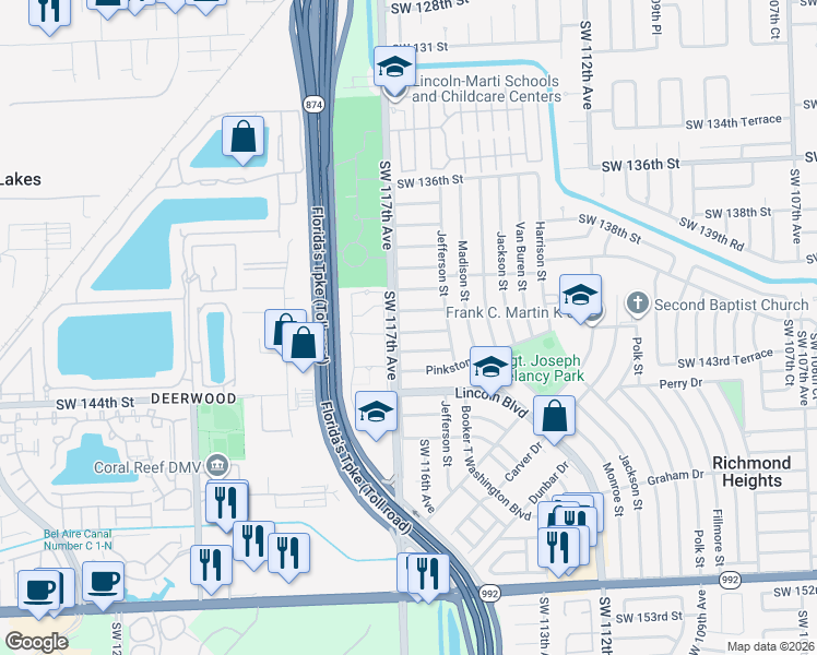 map of restaurants, bars, coffee shops, grocery stores, and more near 11610 Southwest 142nd Street in Miami