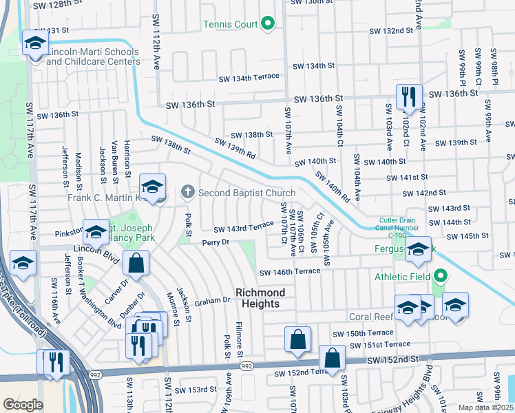 map of restaurants, bars, coffee shops, grocery stores, and more near 14323 Southwest 107th Place in Miami