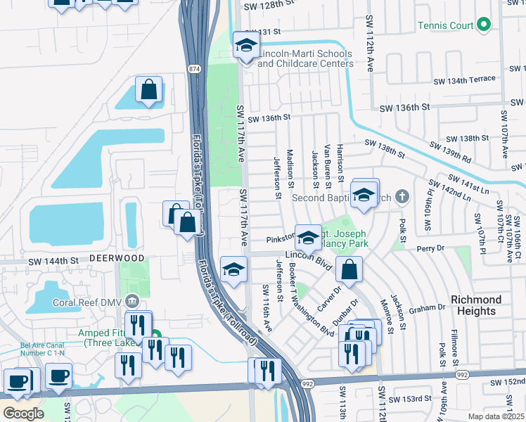 map of restaurants, bars, coffee shops, grocery stores, and more near 11610 Southwest 142nd Street in Miami