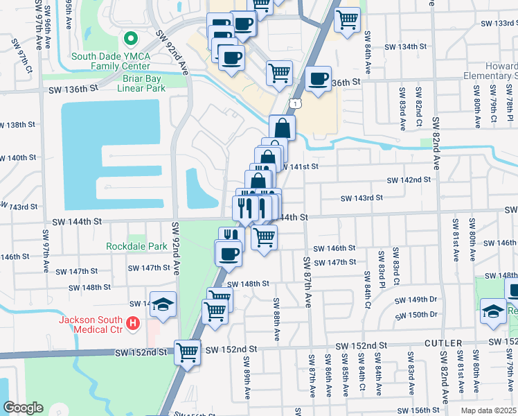 map of restaurants, bars, coffee shops, grocery stores, and more near 14335 South Dixie Highway in Miami