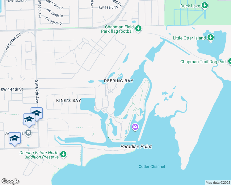 map of restaurants, bars, coffee shops, grocery stores, and more near 13627 Deering Bay Drive in Coral Gables