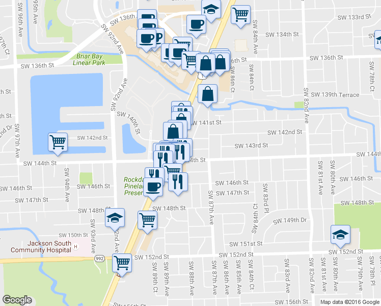 map of restaurants, bars, coffee shops, grocery stores, and more near 8785 Southwest 144th Street in Palmetto Bay