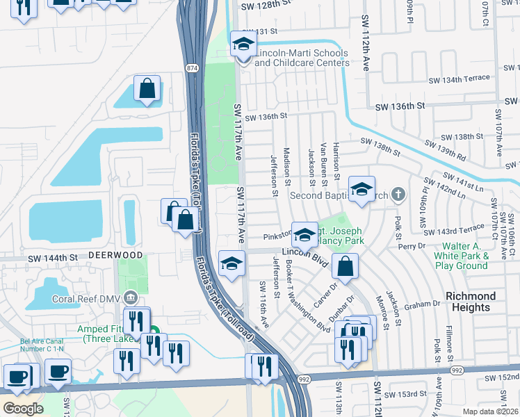 map of restaurants, bars, coffee shops, grocery stores, and more near 11610 Southwest 142nd Street in Miami