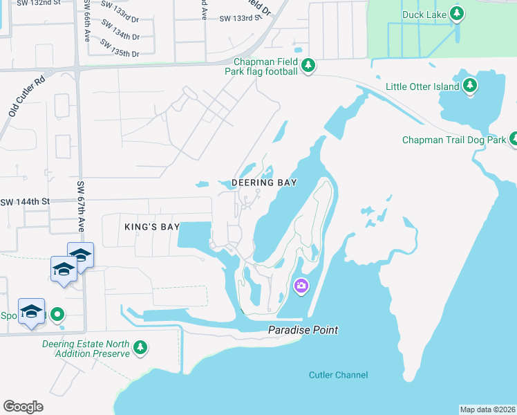 map of restaurants, bars, coffee shops, grocery stores, and more near 13627 Deering Bay Drive in Coral Gables