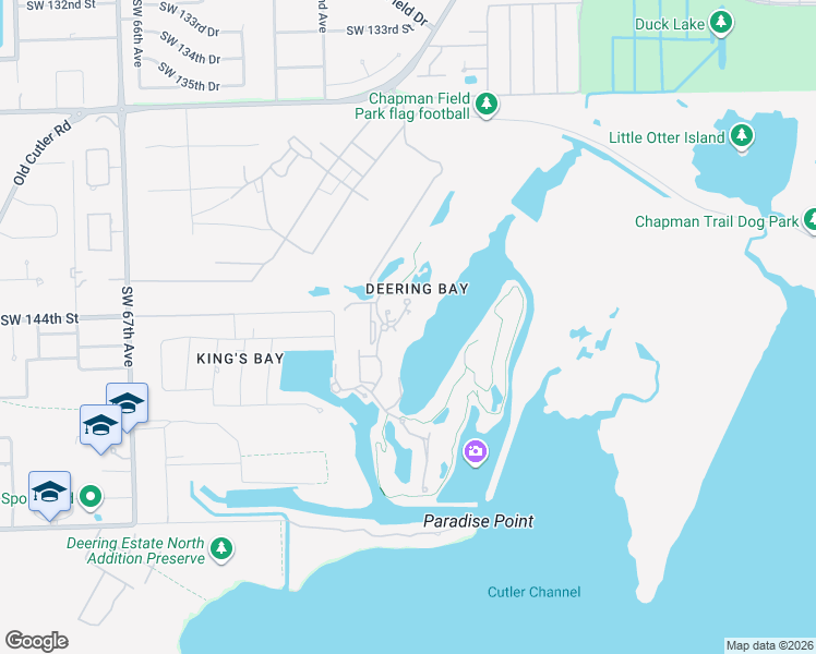 map of restaurants, bars, coffee shops, grocery stores, and more near 13627 Deering Bay Drive in Coral Gables
