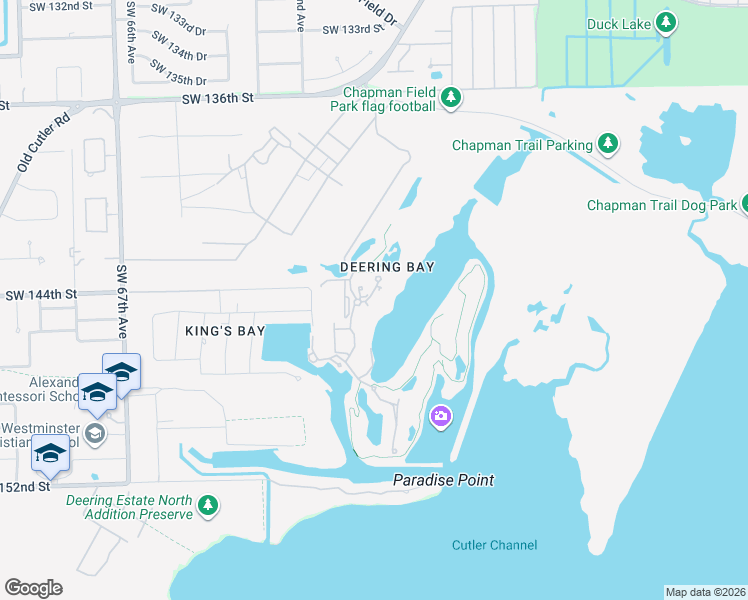 map of restaurants, bars, coffee shops, grocery stores, and more near 13627 Deering Bay Drive in Coral Gables
