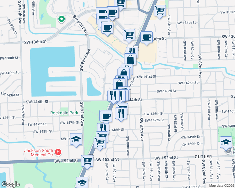 map of restaurants, bars, coffee shops, grocery stores, and more near 14335 South Dixie Highway in Miami