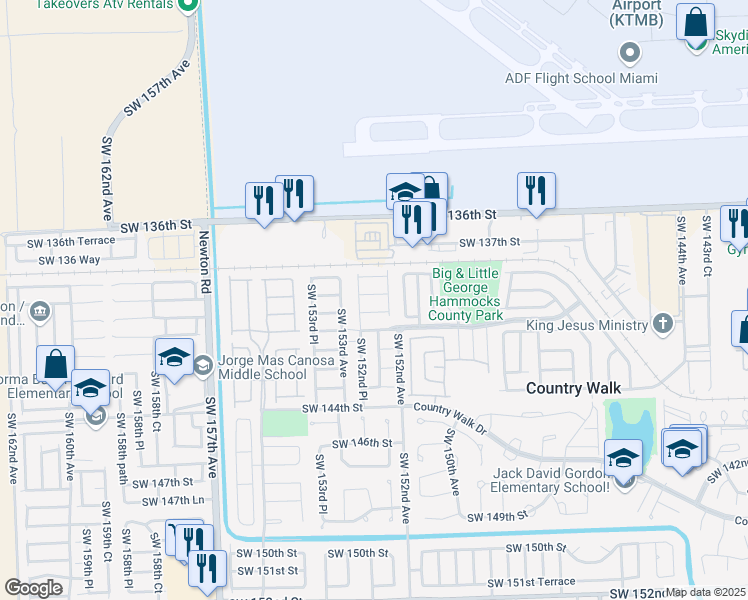 map of restaurants, bars, coffee shops, grocery stores, and more near 15240 Southwest 139th Street in Miami