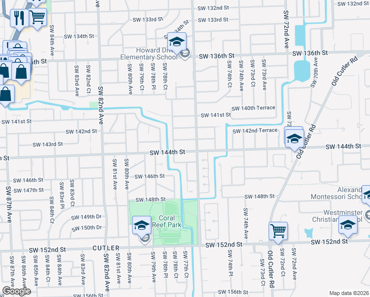 map of restaurants, bars, coffee shops, grocery stores, and more near 7770 Southwest 144th Street in Palmetto Bay