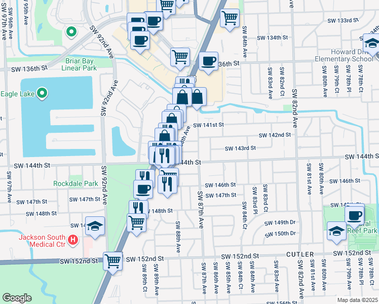 map of restaurants, bars, coffee shops, grocery stores, and more near 8785 Southwest 144th Street in Palmetto Bay