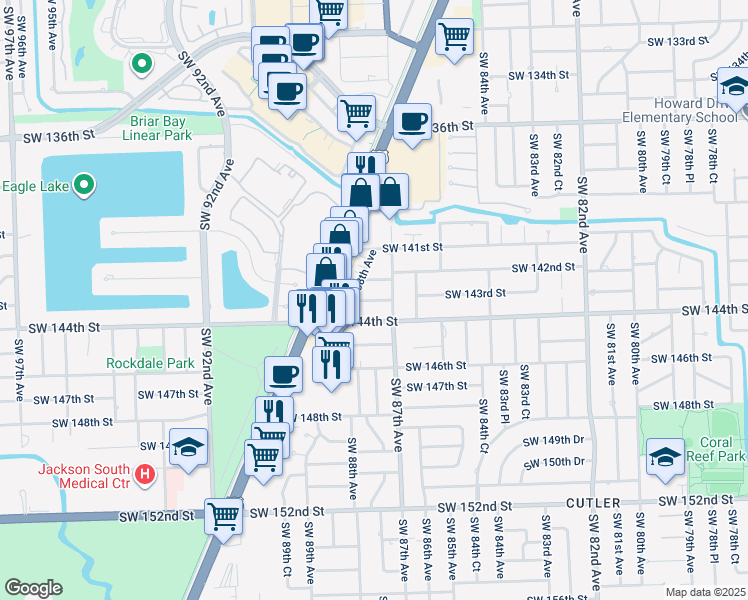 map of restaurants, bars, coffee shops, grocery stores, and more near 8785 Southwest 144th Street in Palmetto Bay