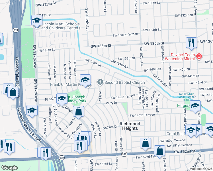 map of restaurants, bars, coffee shops, grocery stores, and more near 14245 Southwest 109th Place in Miami