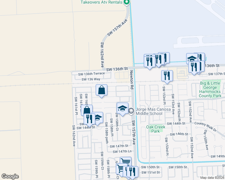 map of restaurants, bars, coffee shops, grocery stores, and more near 15877 Southwest 140th Street in Miami