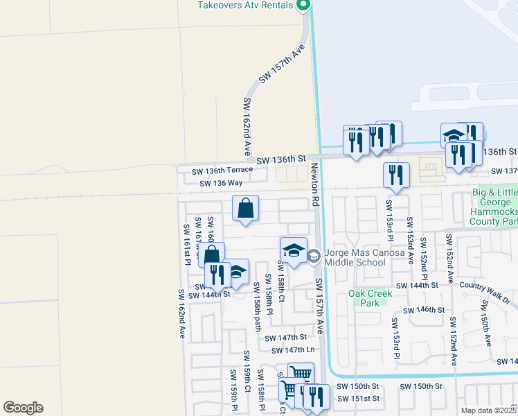 map of restaurants, bars, coffee shops, grocery stores, and more near 15883 Southwest 139th Street in Miami