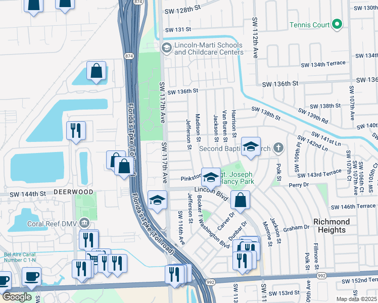 map of restaurants, bars, coffee shops, grocery stores, and more near 14015 Jefferson Street in Miami