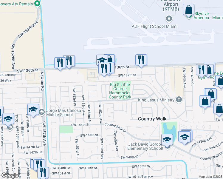 map of restaurants, bars, coffee shops, grocery stores, and more near 13913 Southwest 150th Court in Miami