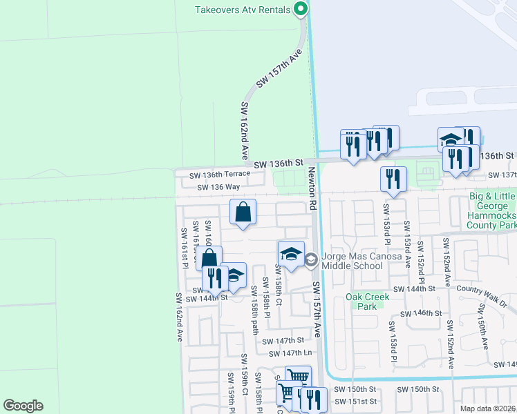 map of restaurants, bars, coffee shops, grocery stores, and more near 15873 Southwest 138th Terrace in Miami