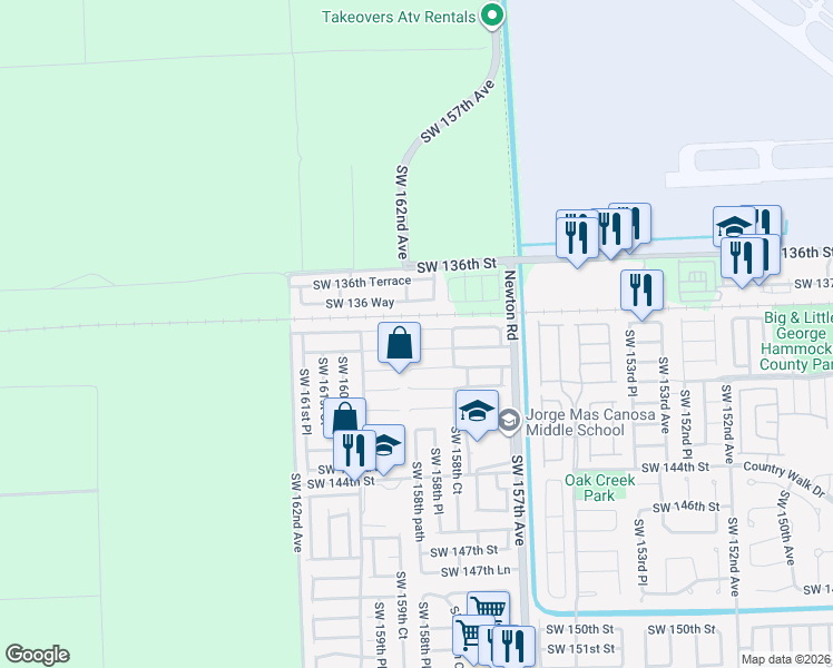 map of restaurants, bars, coffee shops, grocery stores, and more near 15873 Southwest 138th Terrace in Miami